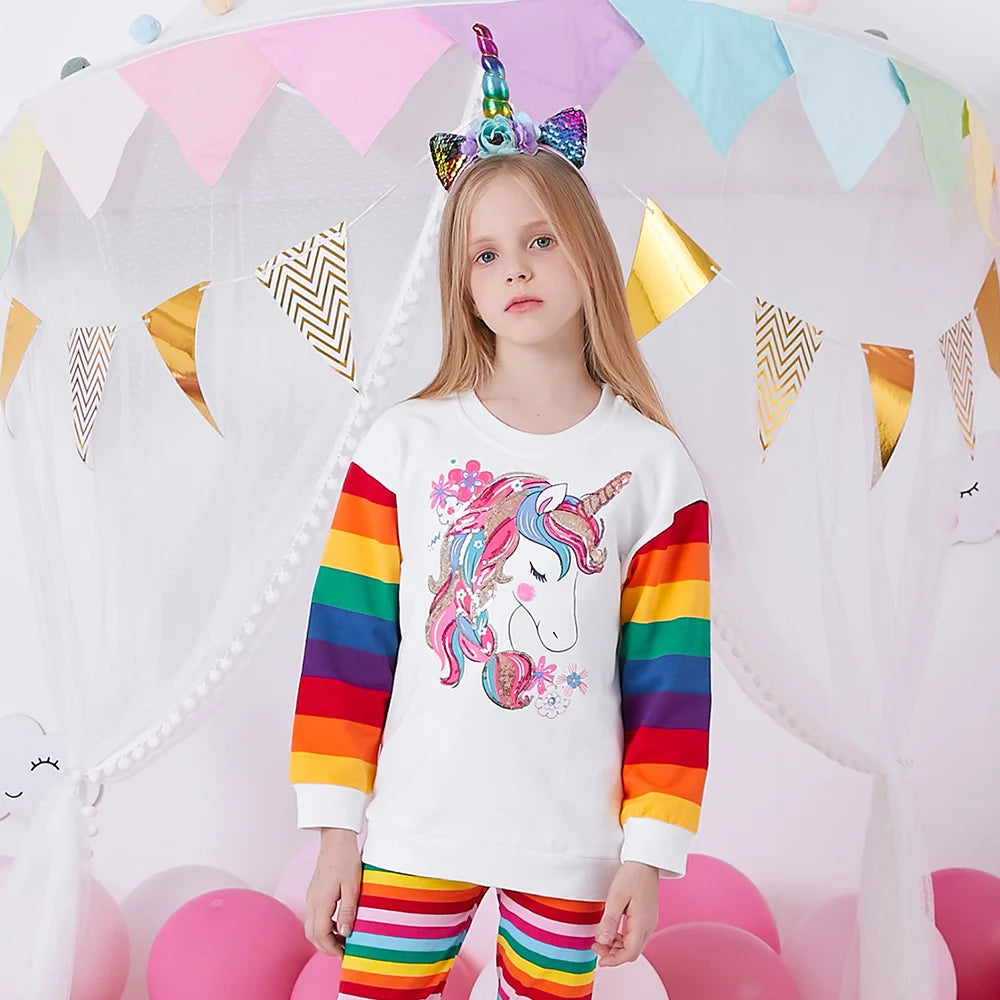 DXTON Girls Sweatshirts Kids Unicorn Sequined Appliqued Rainbow Striped Sweatshirts Kids Long Sleeve Hoodies Sport Shirts 3-12Y