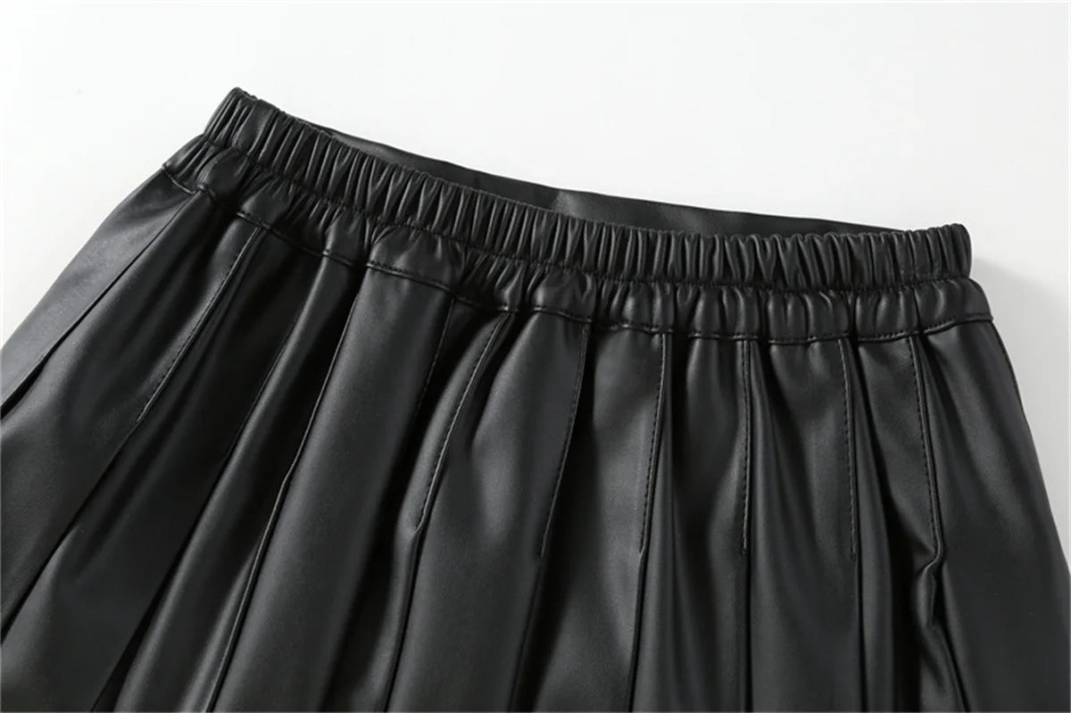 Girls Leather Skirt Four Seasons High Waist Black A-Line Pleated Skirt for Kids All-match Teen Children Skirt 2-15 Years Old