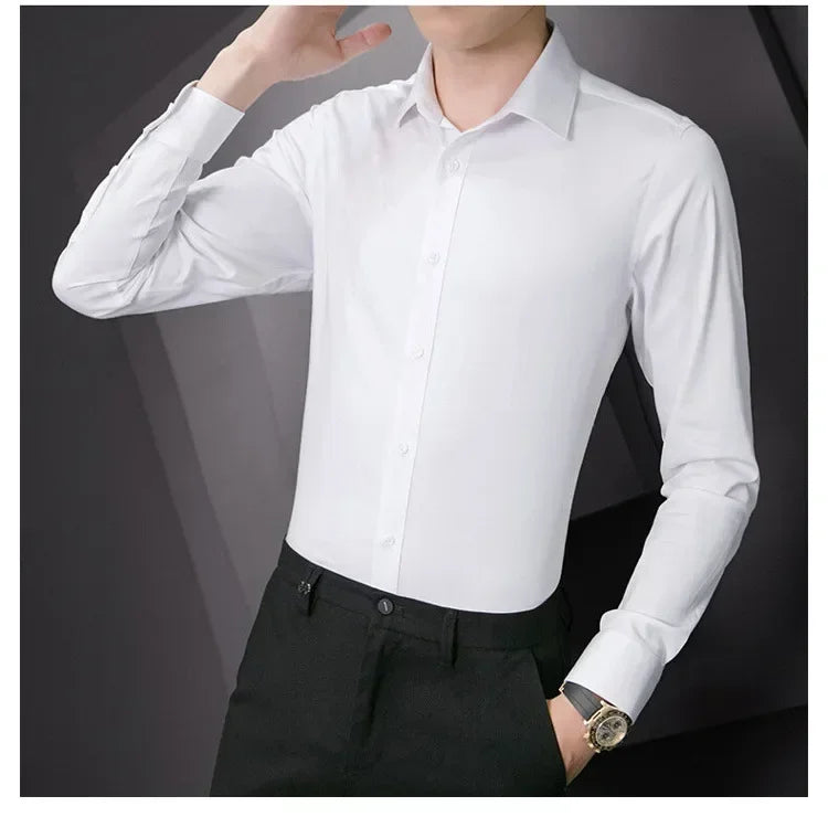New Plus Size 8XL Men Solid Color Business Shirt Long Sleeve Shirt Fashion Classic Basic Casual Slim White Spring Autumn