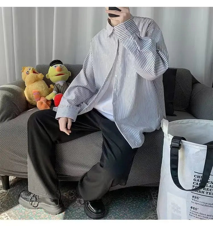 Japanese striped long-sleeved shirt boys simple trend literary fan lining clothes spring and autumn casual coat couple...