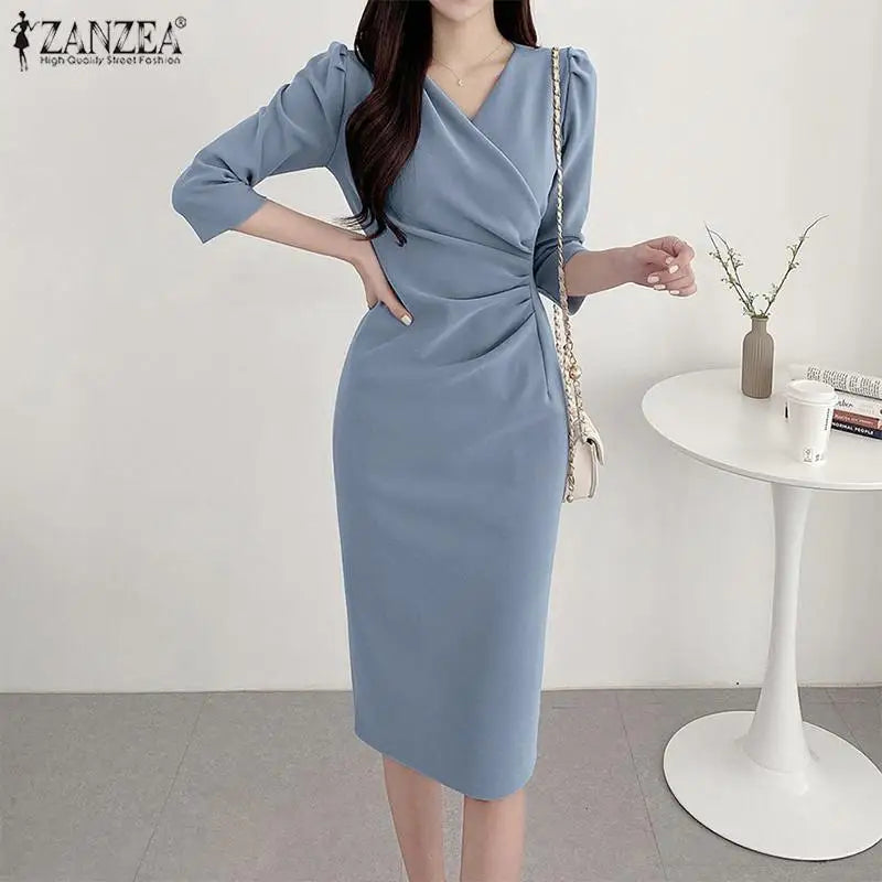 ZANZEA Summer Fashion Womens Dress Sexy Solid Color Knee Length Bodycon Sundress Elegant 3/4 Sleeve V-Neck Work OL Vestidos 2025