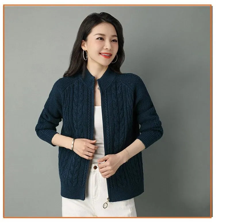 2025 Half High Collar Zipper Knitted Cardigan Jacket Women fall New korean Style long Sleeve Cardigans Thicken Sweater Coat