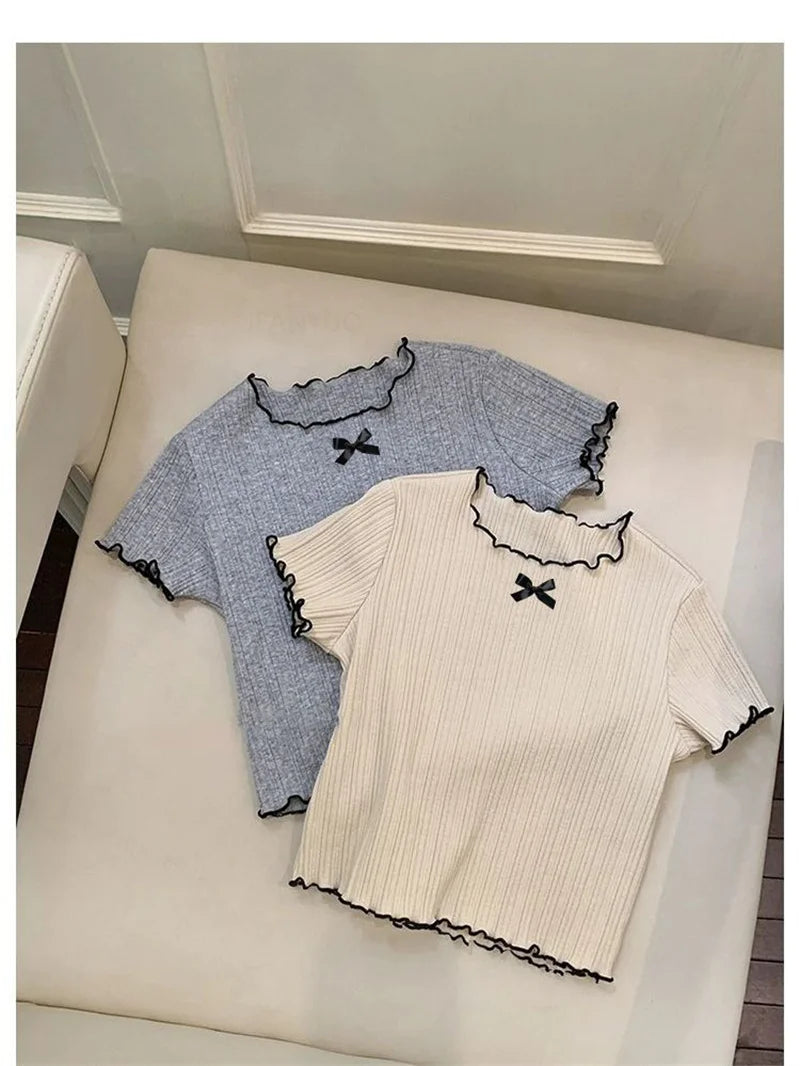 Girl Baby Thin Knit Ruffle Lace Short Sleeve T-shirts 2025 Summer New Girls Kids Bow Tops Sweet Cute Student Children Clothing