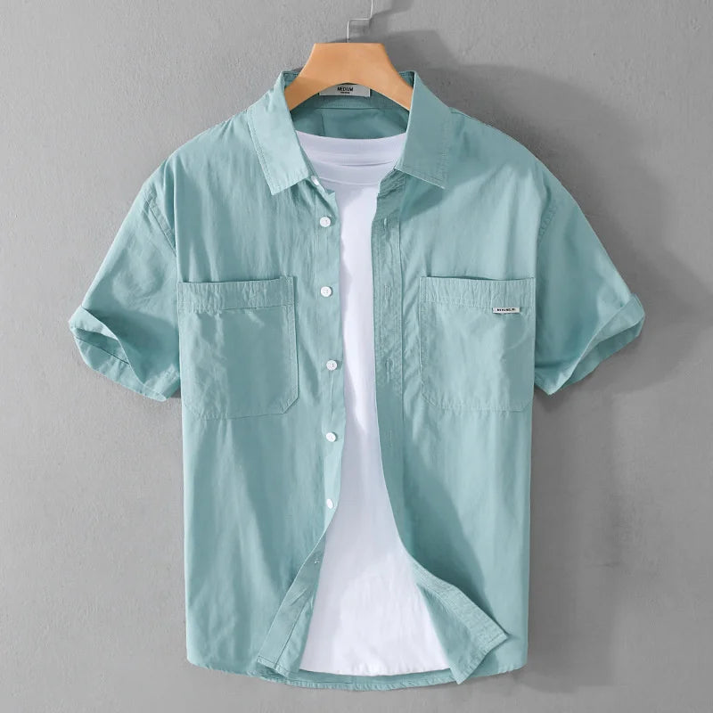 Summer Men's Casual Short Sleeve Comfortable Shirt 100% Cotton Sold Color Loose Simple Male Workwear Versatile Youth Fresh Shirt