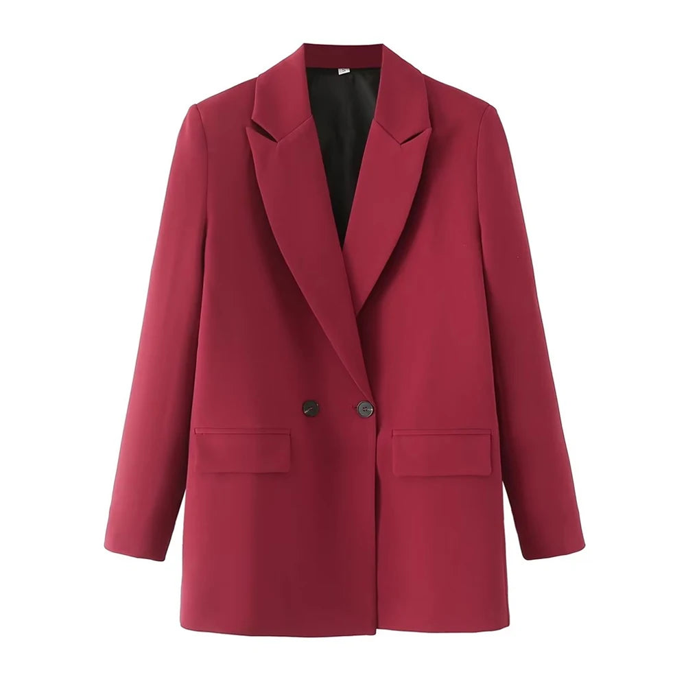 TRZA Women Chic Office Lady Double Breasted Blazer Vintage Coat Fashion Notched Collar Long Sleeve Ladies Outerwear Stylish Tops