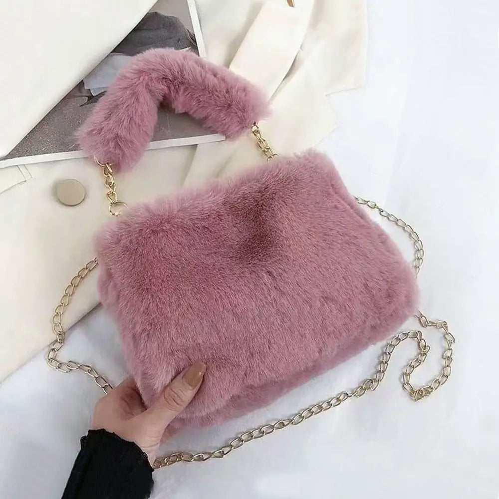 Fashion Women Fluffy Shoulder Bags Female Winter Chain Underarm Bag Solid Color Handbag Soft Plush Handle Bag