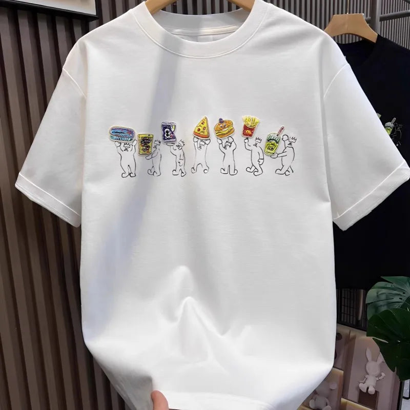 Hot Sale Summer Mens Fashion High Street Cartoon Patch Embroidery T Shirts Loose Fit Tees O Neck Short Sleeve Casual 2025 New