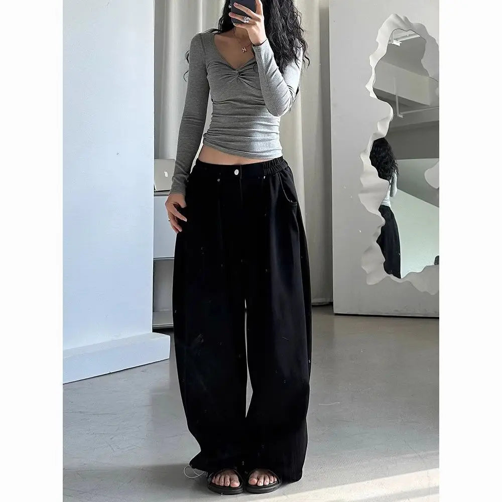 American Vintage Sweatpants Women Simple Classic Stretch High Waist Trousers Loos Lazy Jazz Hip Hop Dance Wide Leg Pants