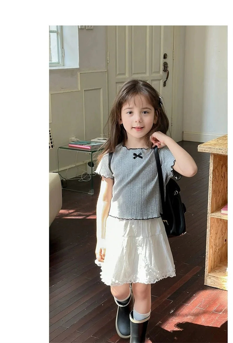 Girl Baby Thin Knit Ruffle Lace Short Sleeve T-shirts 2025 Summer New Girls Kids Bow Tops Sweet Cute Student Children Clothing