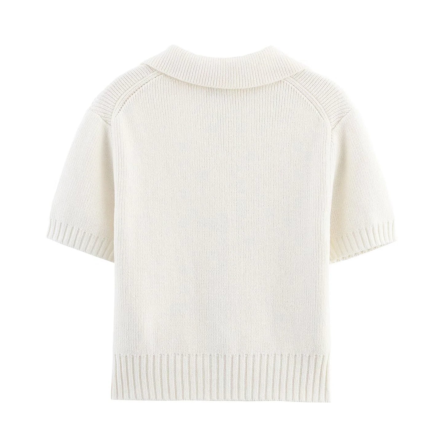 DEEABAE Women's Korean Casual Style Sweet And Pure Desire Bow Decoration Knitted Short Sleeved Lapel Top