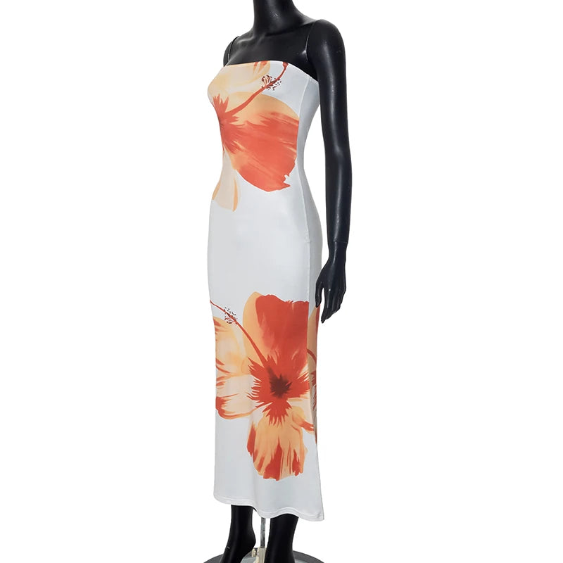 CUTENOVA Women's 2024 New Flower Printed Tubeless Dress Casual Vacation Off Shoulder Slim Beach Floor Length Long Dress