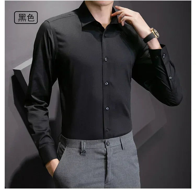 New Plus Size 8XL Men Solid Color Business Shirt Long Sleeve Shirt Fashion Classic Basic Casual Slim White Spring Autumn