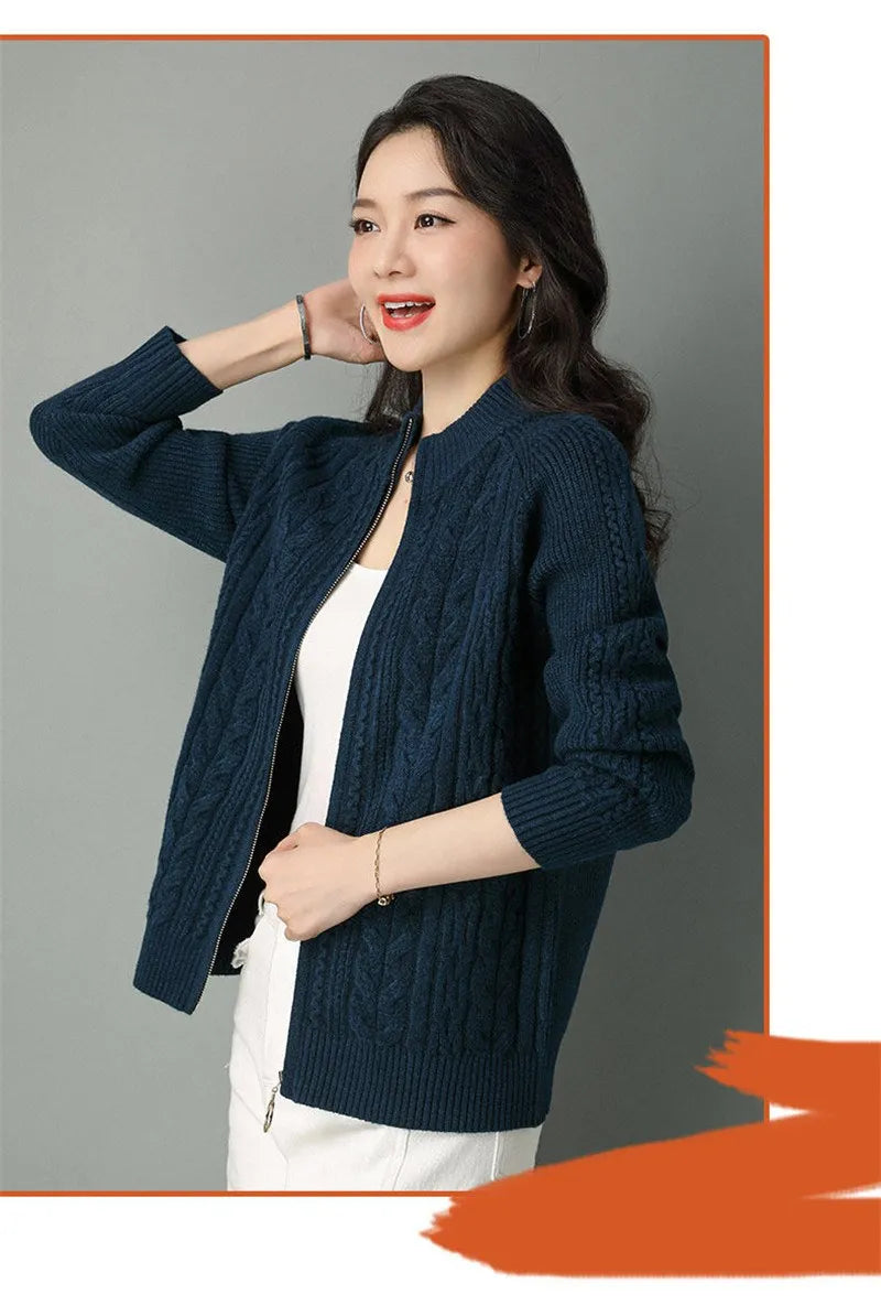 2025 Half High Collar Zipper Knitted Cardigan Jacket Women fall New korean Style long Sleeve Cardigans Thicken Sweater Coat
