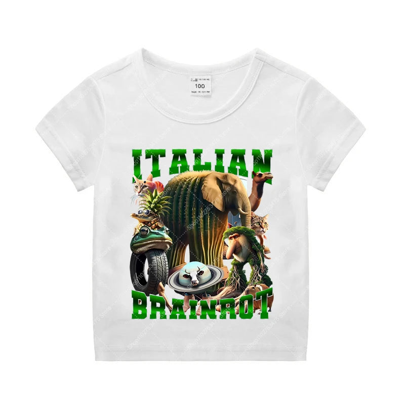 Italian Brainrot Kids Cotton T-shirt Tung Tung Tung Sahur Tee Tralalero Tralala Summer Clothes Funny Meme Children Cute Top Gift
