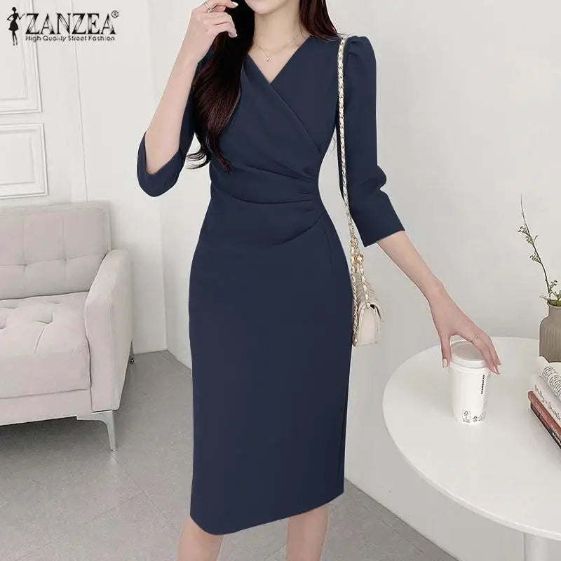 ZANZEA Summer Fashion Womens Dress Sexy Solid Color Knee Length Bodycon Sundress Elegant 3/4 Sleeve V-Neck Work OL Vestidos 2025