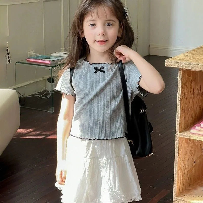 Girl Baby Thin Knit Ruffle Lace Short Sleeve T-shirts 2025 Summer New Girls Kids Bow Tops Sweet Cute Student Children Clothing