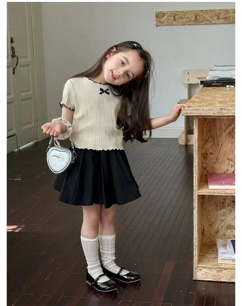 Girl Baby Thin Knit Ruffle Lace Short Sleeve T-shirts 2025 Summer New Girls Kids Bow Tops Sweet Cute Student Children Clothing