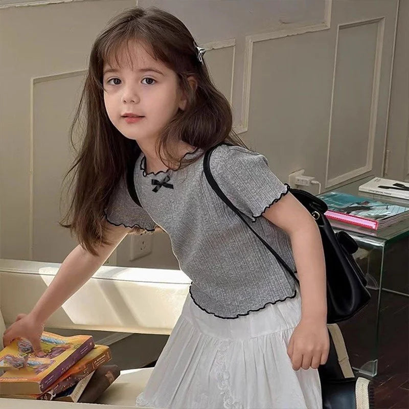 Girl Baby Thin Knit Ruffle Lace Short Sleeve T-shirts 2025 Summer New Girls Kids Bow Tops Sweet Cute Student Children Clothing