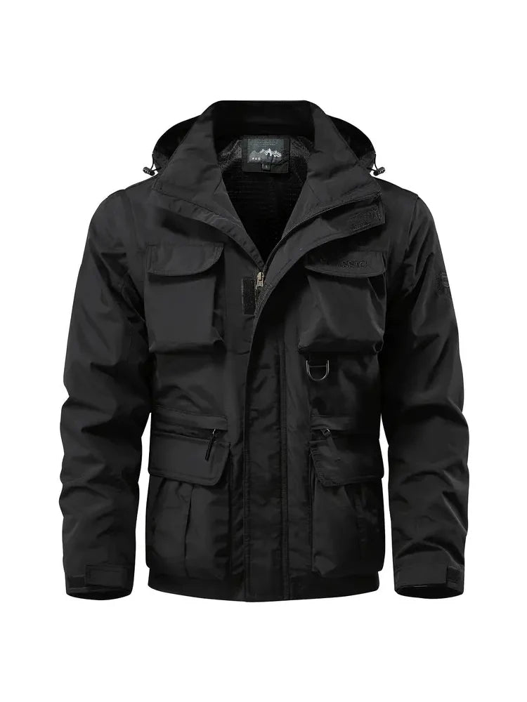 Detachable windproof sleeved hooded jacket suitable for outdoor activities men's casual waterproof multi pocket jacket vest