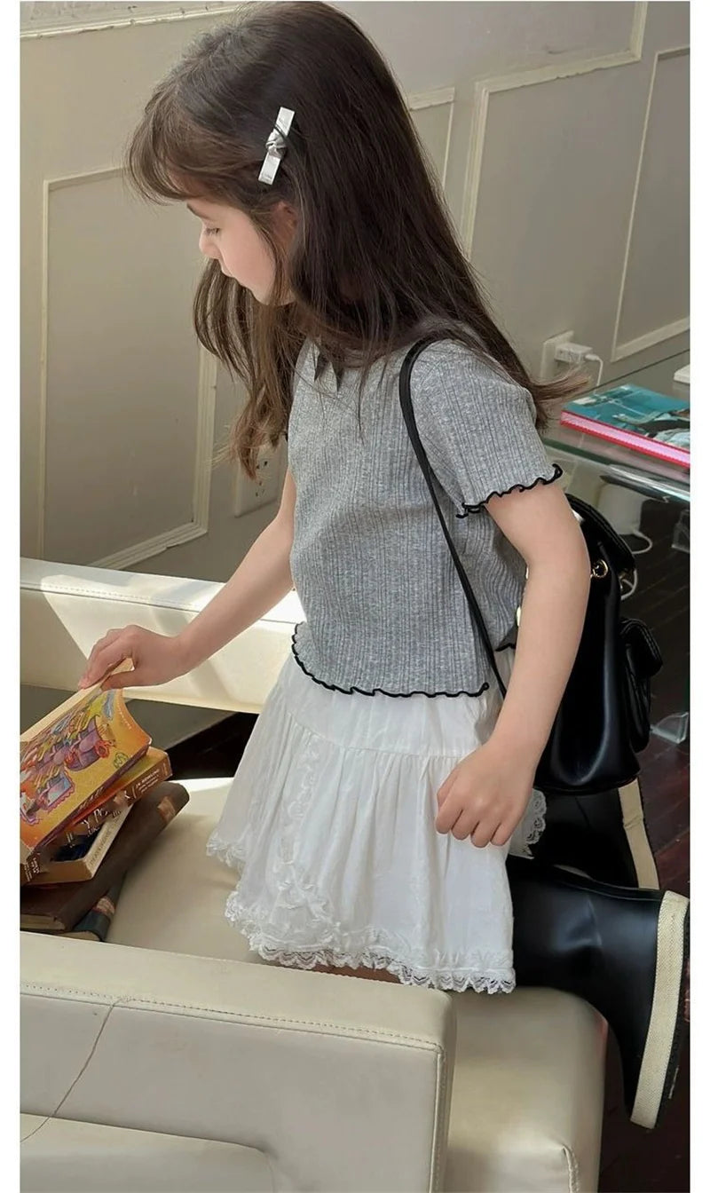 Girl Baby Thin Knit Ruffle Lace Short Sleeve T-shirts 2025 Summer New Girls Kids Bow Tops Sweet Cute Student Children Clothing