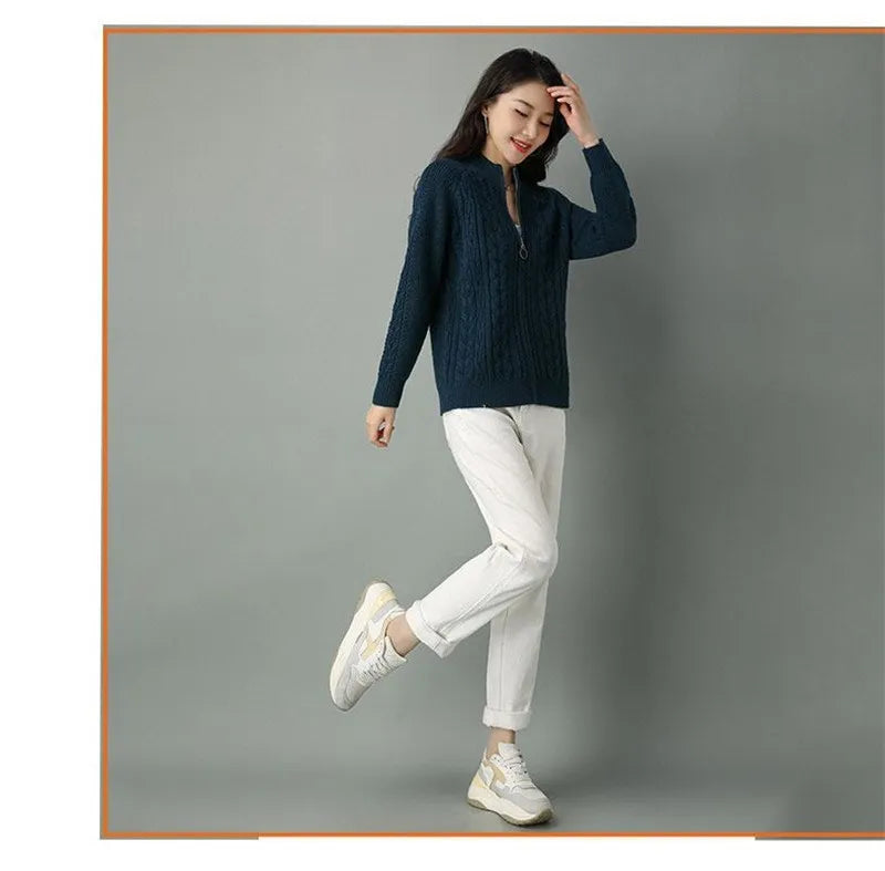 2025 Half High Collar Zipper Knitted Cardigan Jacket Women fall New korean Style long Sleeve Cardigans Thicken Sweater Coat