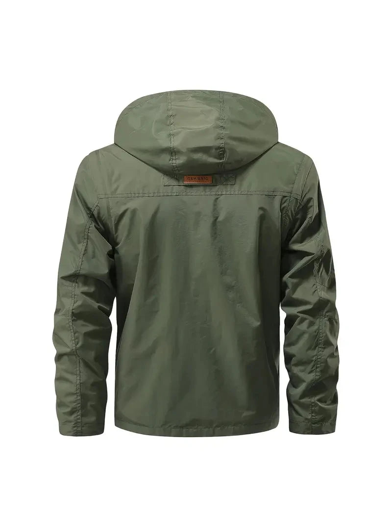 Detachable windproof sleeved hooded jacket suitable for outdoor activities men's casual waterproof multi pocket jacket vest