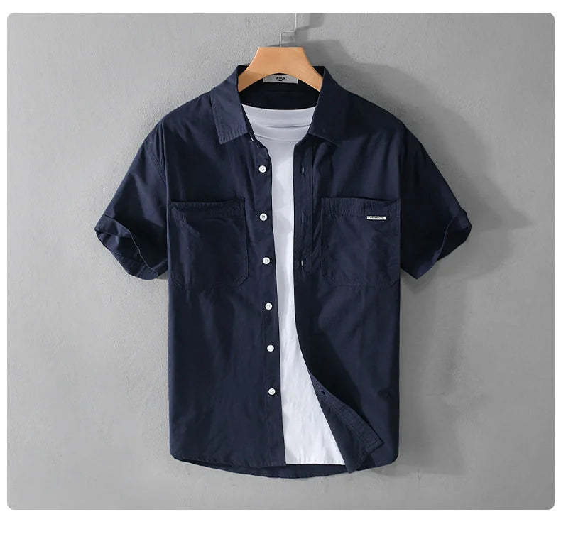 Summer Men's Casual Short Sleeve Comfortable Shirt 100% Cotton Sold Color Loose Simple Male Workwear Versatile Youth Fresh Shirt
