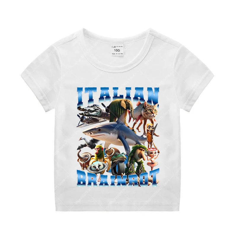 Italian Brainrot Kids Cotton T-shirt Tung Tung Tung Sahur Tee Tralalero Tralala Summer Clothes Funny Meme Children Cute Top Gift