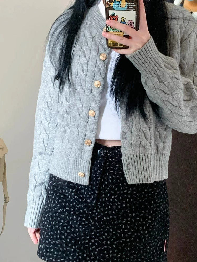 2024 Vintage Long Sleeve Cardigan Women Sweater O-neck Elegant Knitted Top Fashion Autumn Grey Knitwear