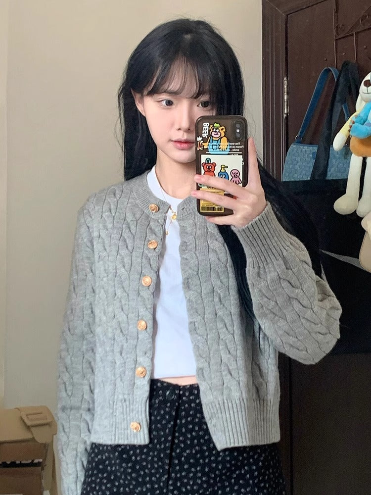 2024 Vintage Long Sleeve Cardigan Women Sweater O-neck Elegant Knitted Top Fashion Autumn Grey Knitwear