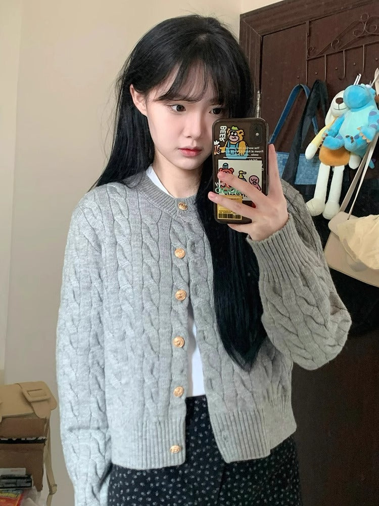 2024 Vintage Long Sleeve Cardigan Women Sweater O-neck Elegant Knitted Top Fashion Autumn Grey Knitwear