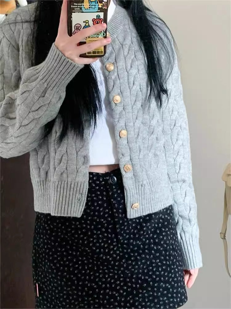 2024 Vintage Long Sleeve Cardigan Women Sweater O-neck Elegant Knitted Top Fashion Autumn Grey Knitwear