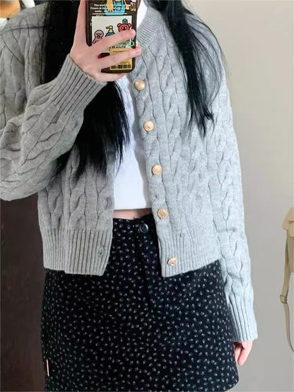 2024 Vintage Long Sleeve Cardigan Women Sweater O-neck Elegant Knitted Top Fashion Autumn Grey Knitwear