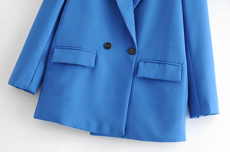 TRZA Women Chic Office Lady Double Breasted Blazer Vintage Coat Fashion Notched Collar Long Sleeve Ladies Outerwear Stylish Tops