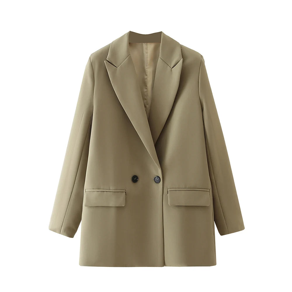 TRZA Women Chic Office Lady Double Breasted Blazer Vintage Coat Fashion Notched Collar Long Sleeve Ladies Outerwear Stylish Tops