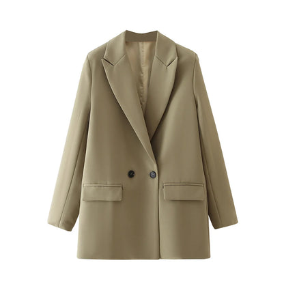 TRZA Women Chic Office Lady Double Breasted Blazer Vintage Coat Fashion Notched Collar Long Sleeve Ladies Outerwear Stylish Tops