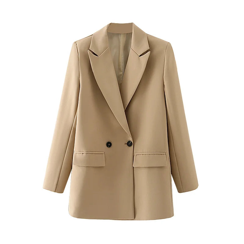 TRZA Women Chic Office Lady Double Breasted Blazer Vintage Coat Fashion Notched Collar Long Sleeve Ladies Outerwear Stylish Tops