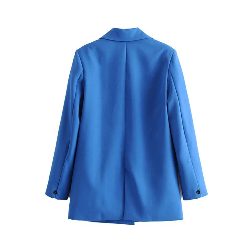 TRZA Women Chic Office Lady Double Breasted Blazer Vintage Coat Fashion Notched Collar Long Sleeve Ladies Outerwear Stylish Tops
