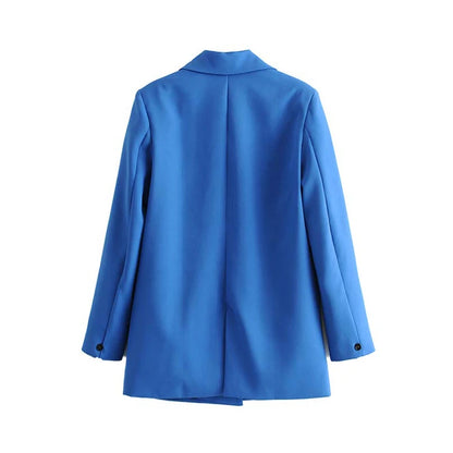 TRZA Women Chic Office Lady Double Breasted Blazer Vintage Coat Fashion Notched Collar Long Sleeve Ladies Outerwear Stylish Tops