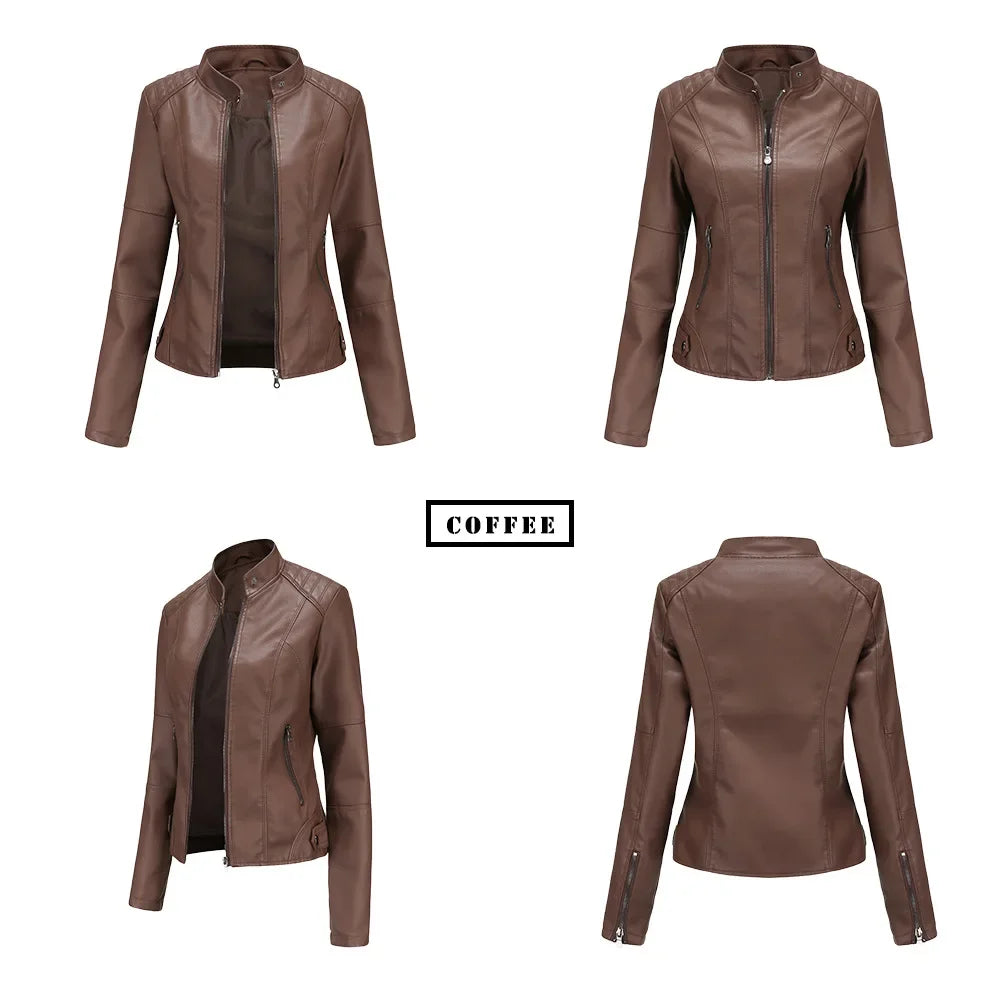 New women's leather jacket Slim jacket Thin section of the spring and autumn jacket Standing collar women's leather jacket