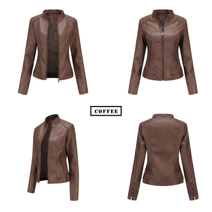 New women's leather jacket Slim jacket Thin section of the spring and autumn jacket Standing collar women's leather jacket