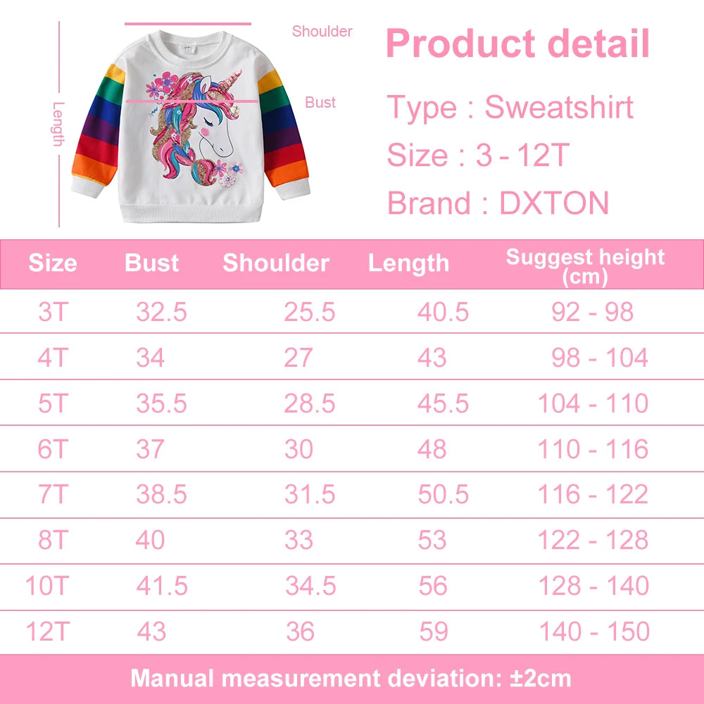 DXTON Girls Sweatshirts Kids Unicorn Sequined Appliqued Rainbow Striped Sweatshirts Kids Long Sleeve Hoodies Sport Shirts 3-12Y