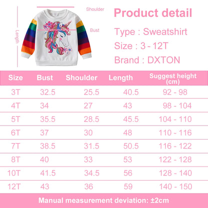 DXTON Girls Sweatshirts Kids Unicorn Sequined Appliqued Rainbow Striped Sweatshirts Kids Long Sleeve Hoodies Sport Shirts 3-12Y