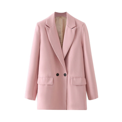 TRZA Women Chic Office Lady Double Breasted Blazer Vintage Coat Fashion Notched Collar Long Sleeve Ladies Outerwear Stylish Tops