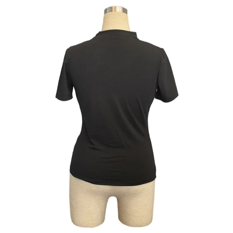 Sexy Short Sleeve Hollow Out Tops Female Black Slim Tee Basic T Shirt Women Elegant Slim Tops