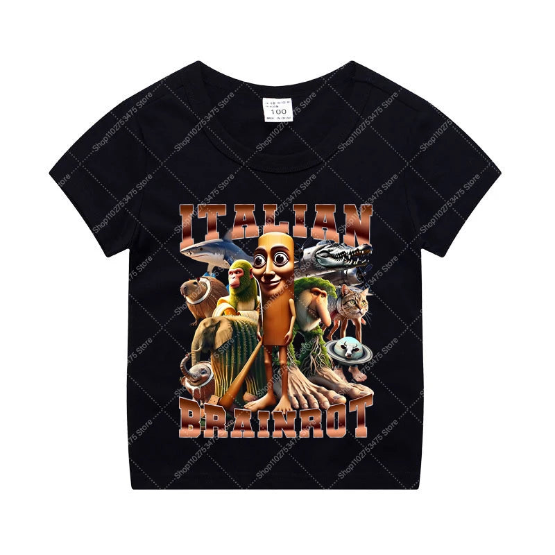Italian Brainrot Kids Cotton T-shirt Tung Tung Tung Sahur Tee Tralalero Tralala Summer Clothes Funny Meme Children Cute Top Gift
