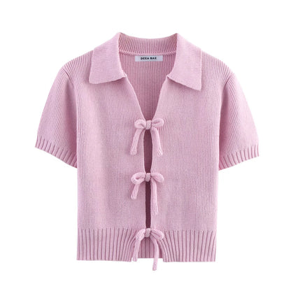DEEABAE Women's Korean Casual Style Sweet And Pure Desire Bow Decoration Knitted Short Sleeved Lapel Top