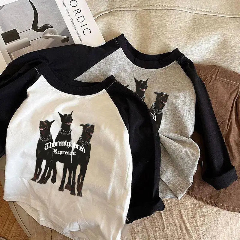 2025 Spring Baby Cartoon Wolf T-Shirts Kids Boys Girls Cotton Long Sleeve Top Clothes For 1-8Y Children'S Casual Outfit Pullover