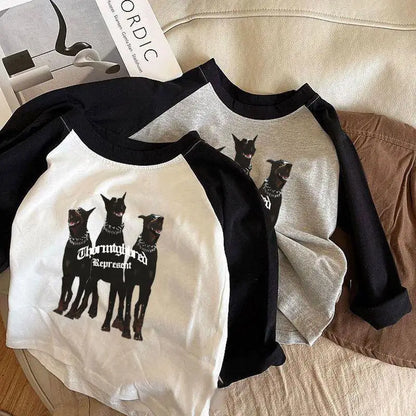2025 Spring Baby Cartoon Wolf T-Shirts Kids Boys Girls Cotton Long Sleeve Top Clothes For 1-8Y Children'S Casual Outfit Pullover