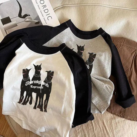 2025 Spring Baby Cartoon Wolf T-Shirts Kids Boys Girls Cotton Long Sleeve Top Clothes For 1-8Y Children'S Casual Outfit Pullover